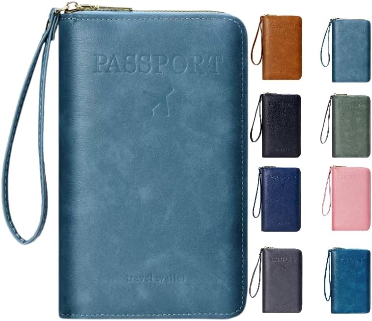 GLOLOOS Multi-Functional RFID Passport Wallet,Travel Wallet for Men & Women,With zipper, anti-theft passport holder，Slim Leather Cover for Credit Cards, Tickets, Cash (Sky blue) - Image 1